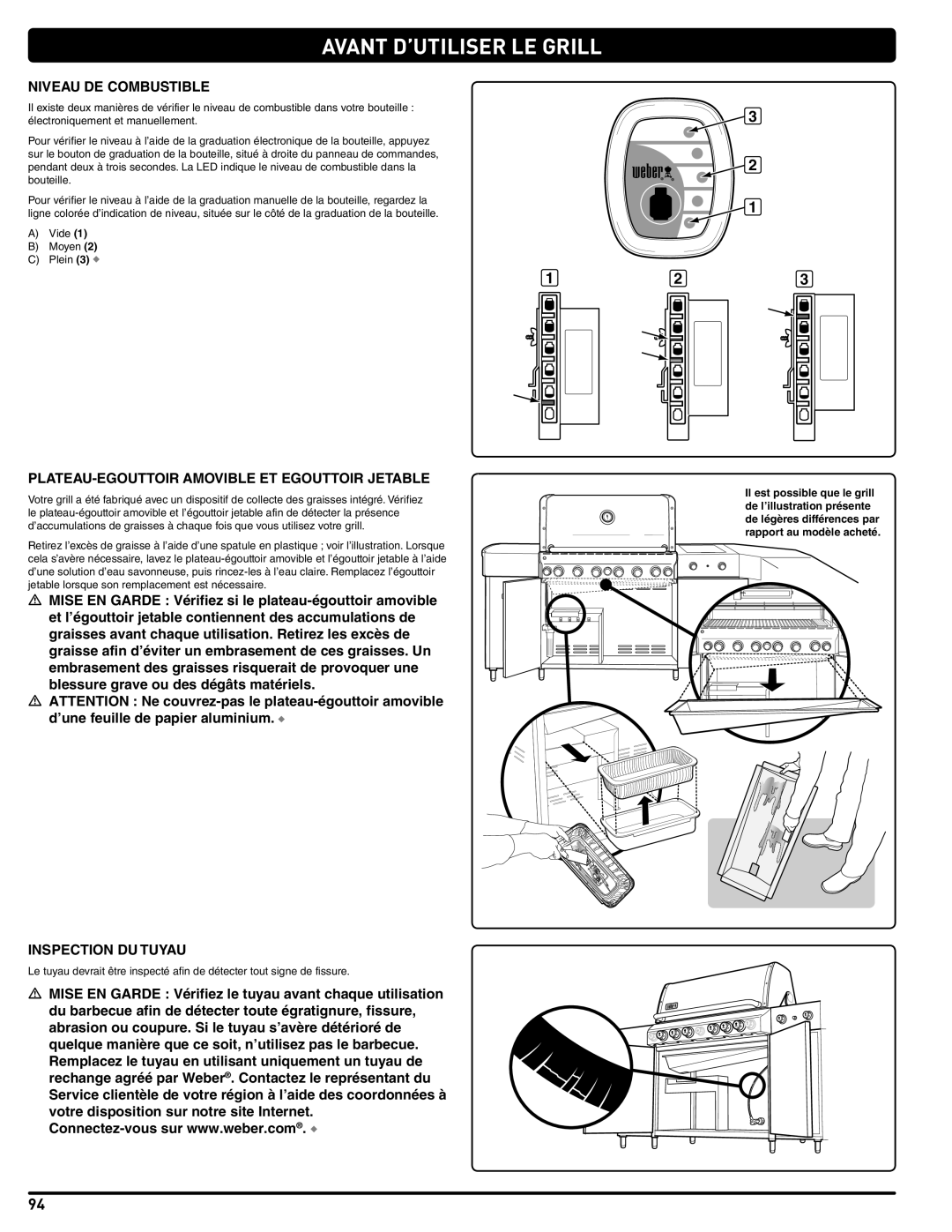 Weber 56567 manual Avant D’UTILISER LE Grill, Niveau DE Combustible, PLATEAU-EGOUTTOIR Amovible ET Egouttoir Jetable 