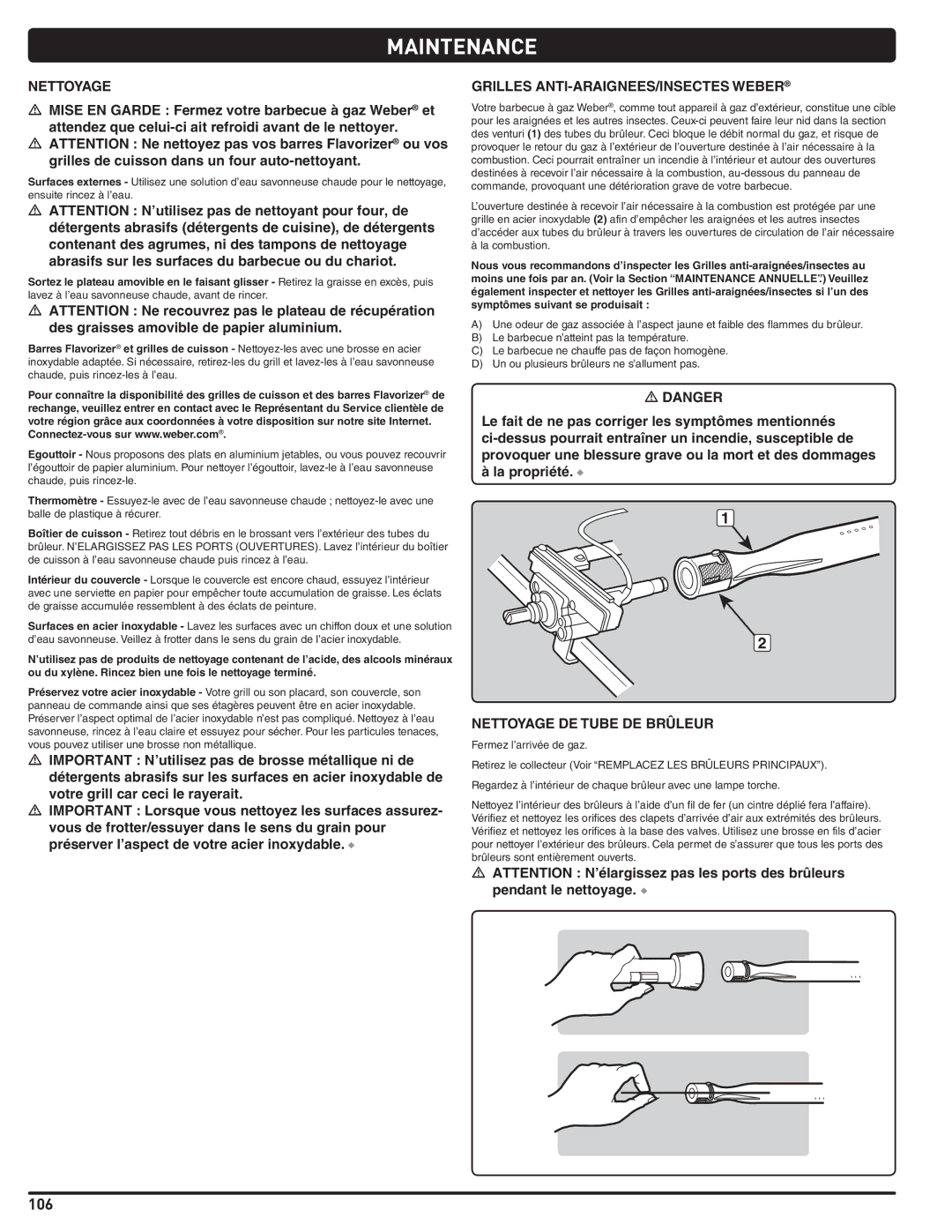 Weber 56568 manual Grilles ANTI-ARAIGNEES/INSECTES Weber, Nettoyage DE Tube DE Brûleur 