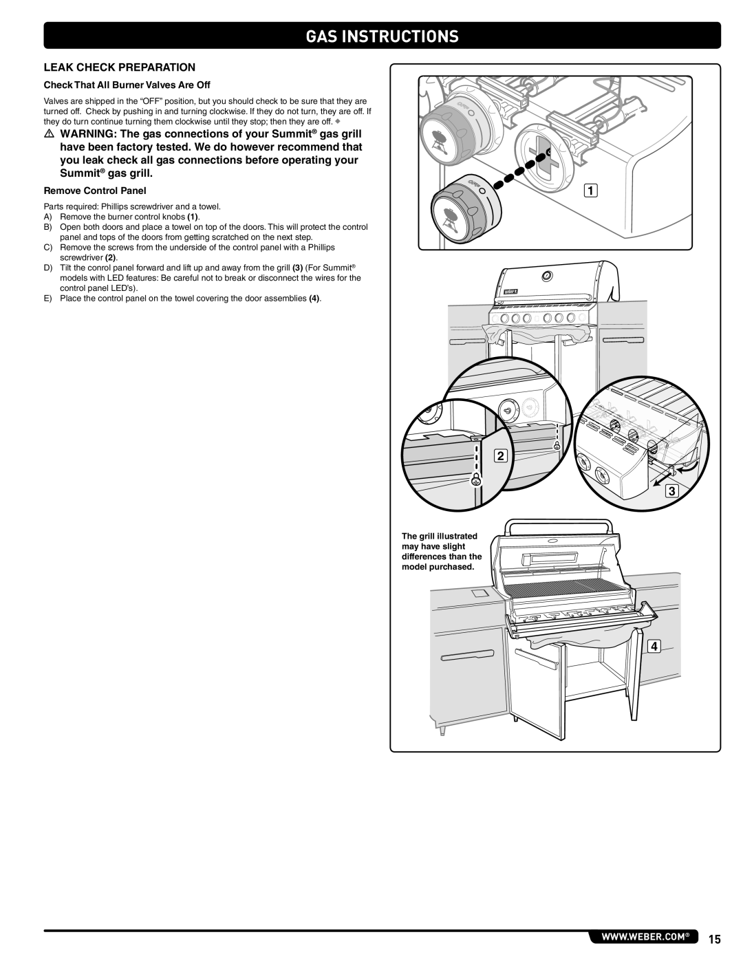 Weber 56568 manual Leak Check Preparation, Check That All Burner Valves Are Off, Remove Control Panel 