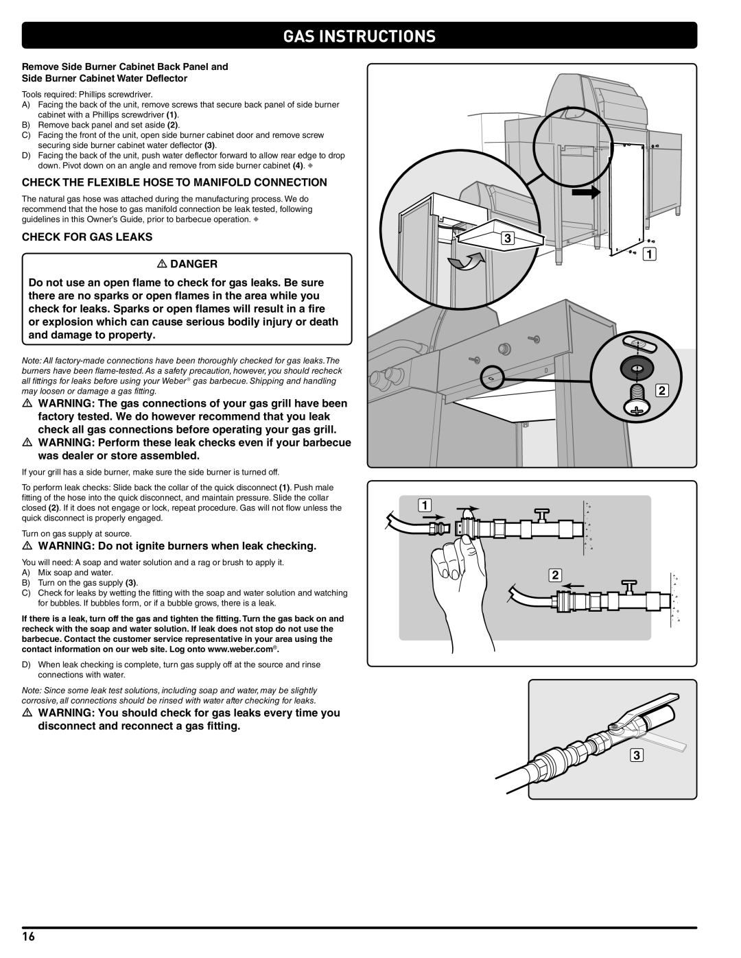 Weber 56568 manual Check the Flexible Hose to Manifold Connection, Check for GAS Leaks 