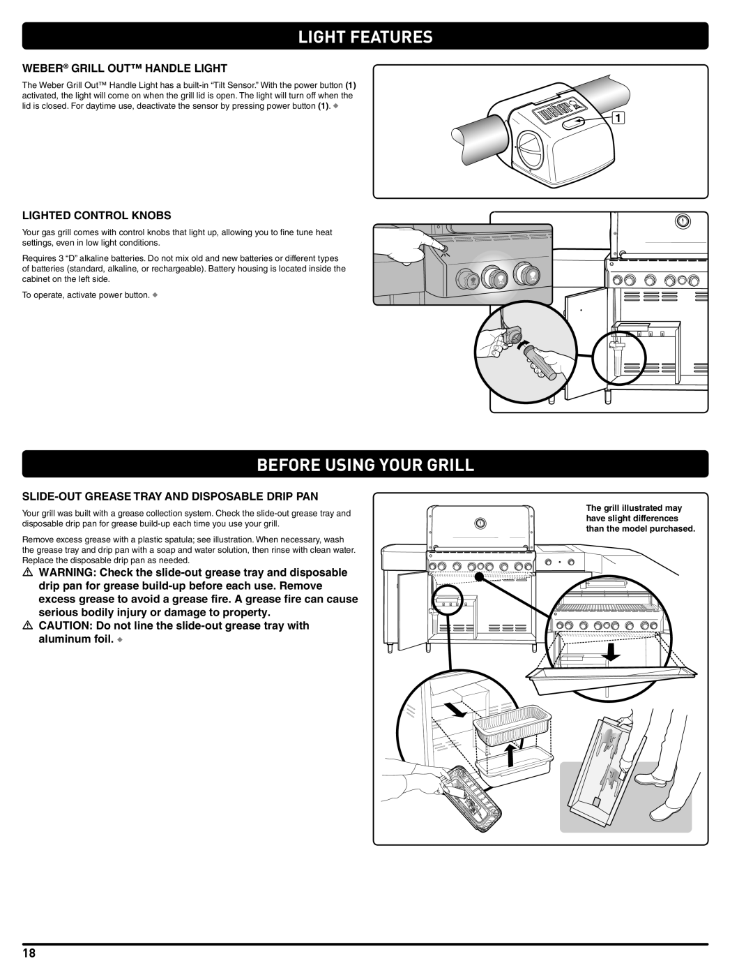 Weber 56568 manual Light Features, Before Using Your Grill, Weber Grill OUT Handle Light, Lighted Control Knobs 