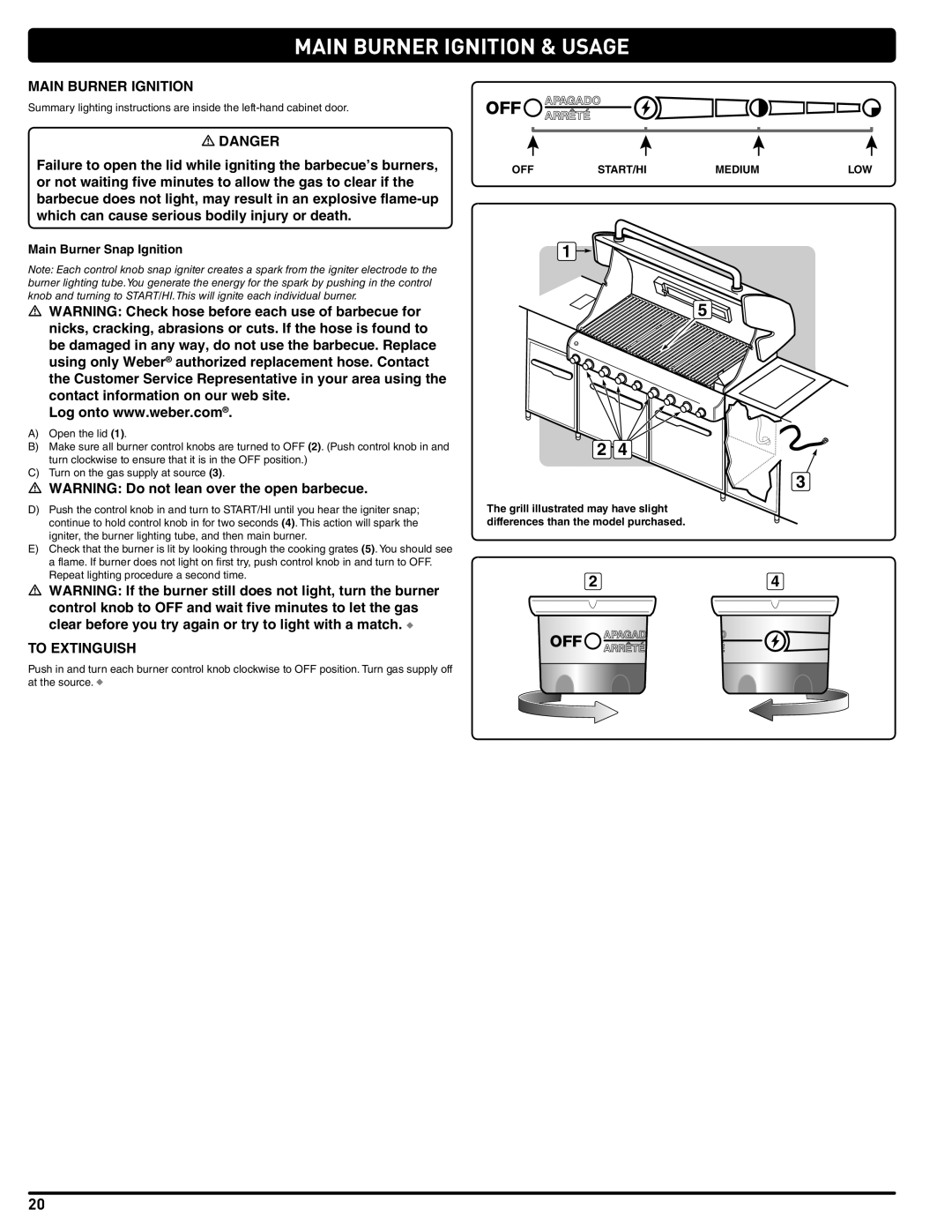 Weber 56568 manual Main Burner Ignition & Usage, To Extinguish, Main Burner Snap Ignition 