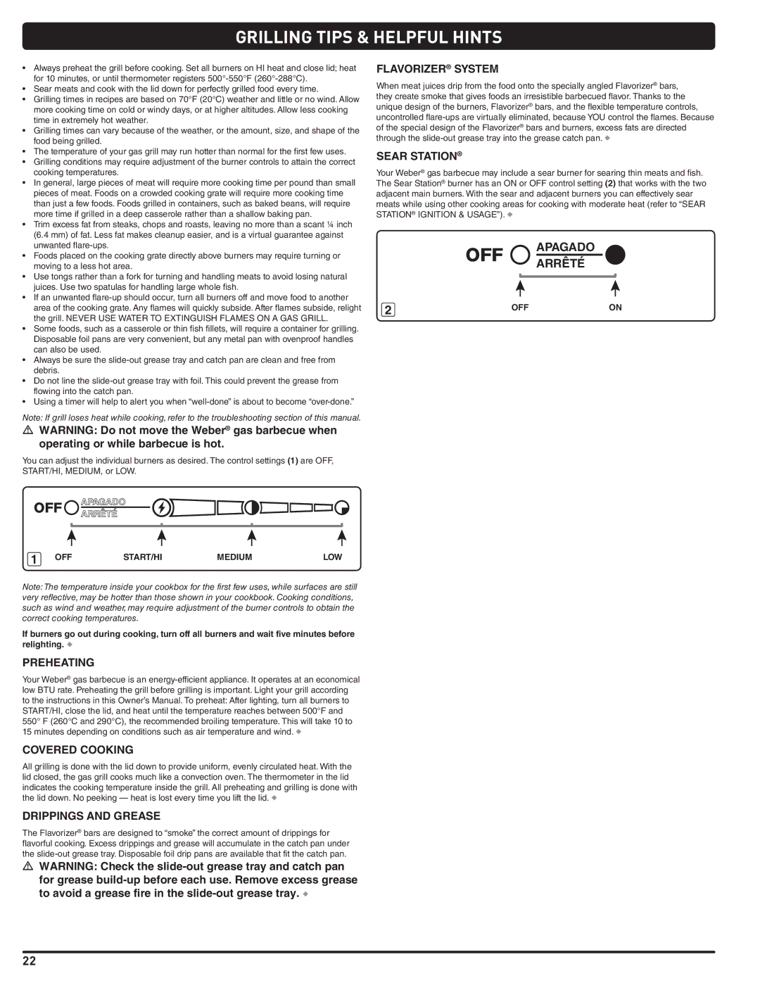 Weber 56568 manual Grilling Tips & Helpful Hints, Flavorizer System, Sear Station, Preheating Covered Cooking 
