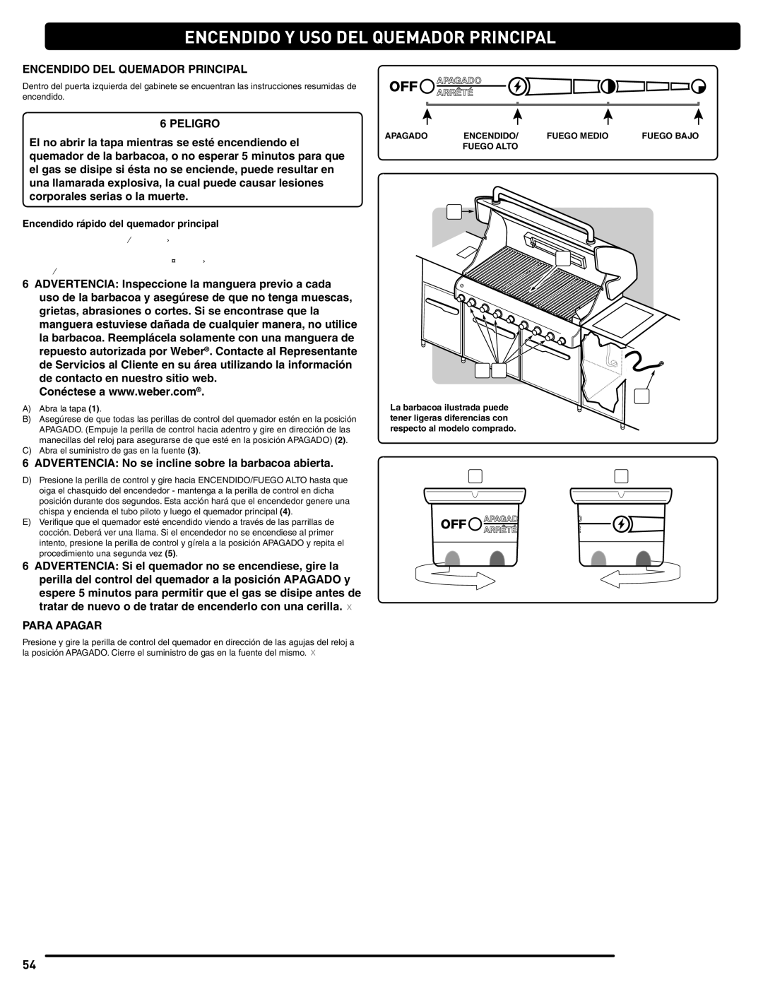 Weber 56568 manual Encendido Y USO DEL Quemador Principal, Encendido DEL Quemador Principal, Para Apagar 