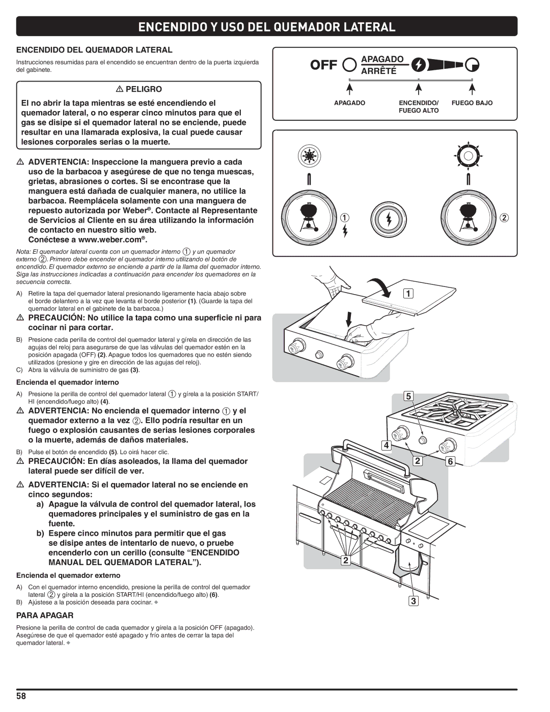 Weber 56568 manual Encendido Y USO DEL Quemador Lateral, Encendido DEL Quemador Lateral, Encienda el quemador interno 