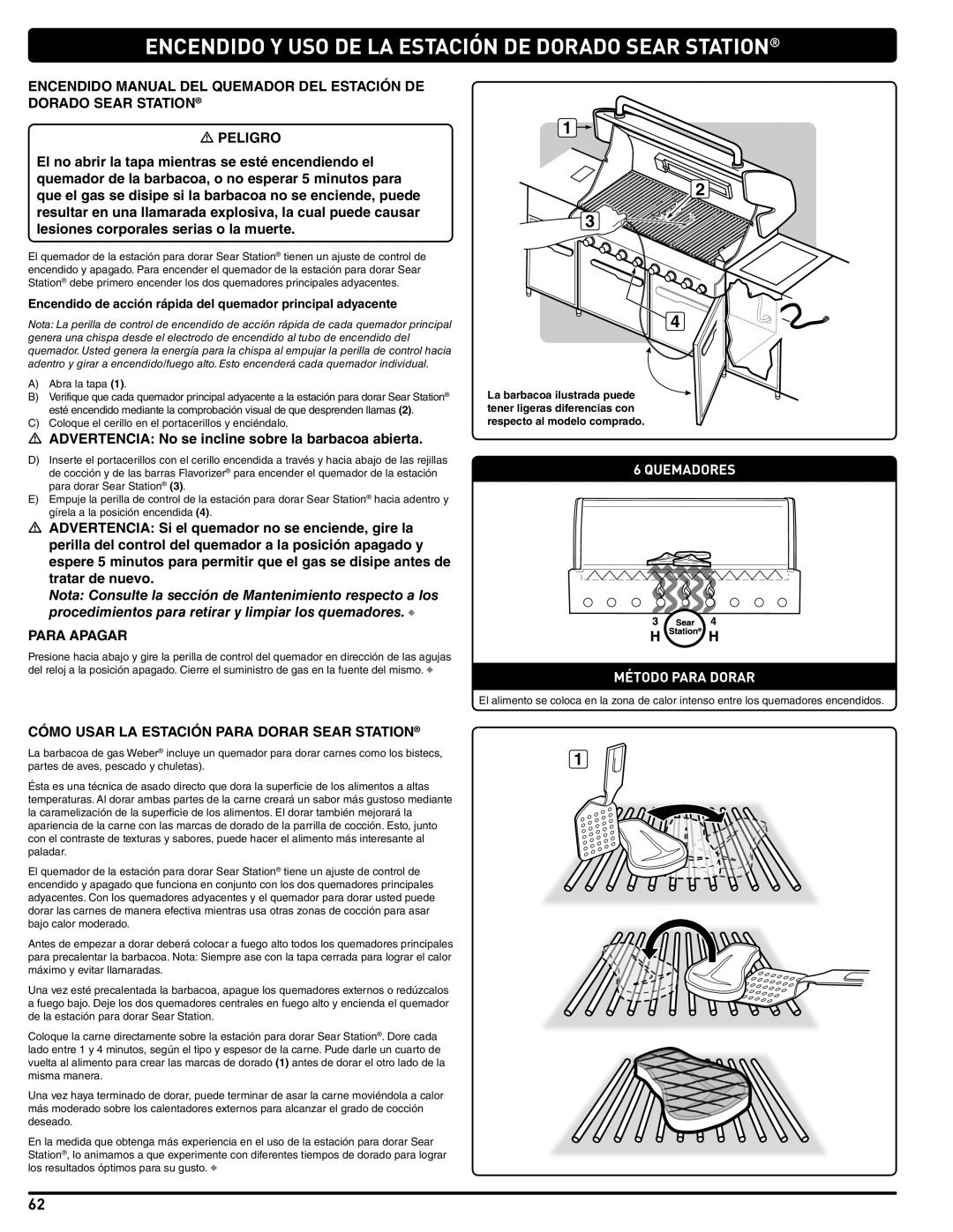 Weber 56568 manual  Advertencia No se incline sobre la barbacoa abierta, Cómo Usar LA Estación Para Dorar Sear Station 