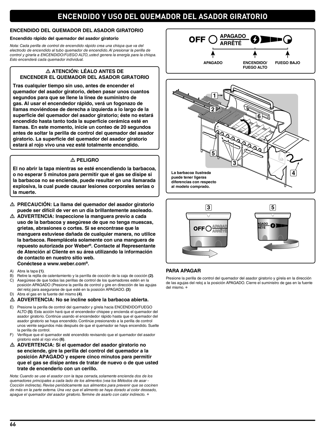 Weber 56568 manual Encendido Y USO DEL Quemador DEL Asador Giratorio, Encendido DEL Quemador DEL Asador Giratorio 