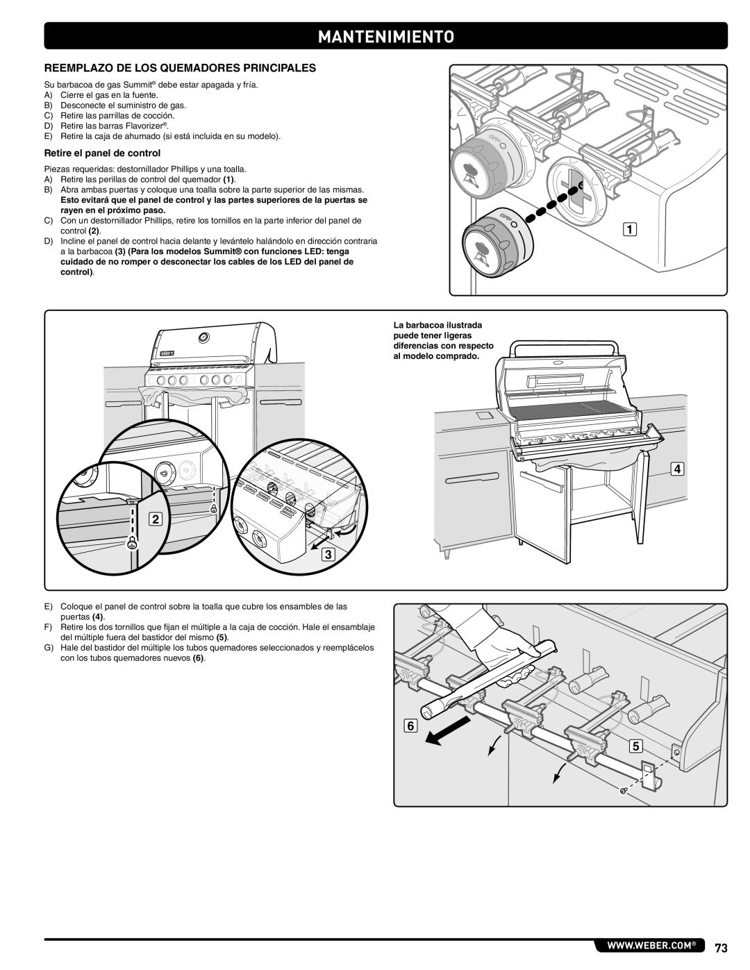 Weber 56568 manual Reemplazo DE LOS Quemadores Principales, Retire el panel de control 