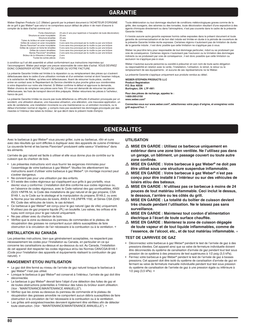 Weber 56568 manual Garantie, Generalites 