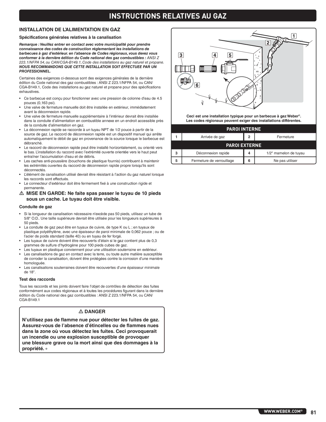 Weber 56568 manual Instructions Relatives AU GAZ, Installation DE L’ALIMENTATION EN GAZ, Conduite de gaz, Test des raccords 