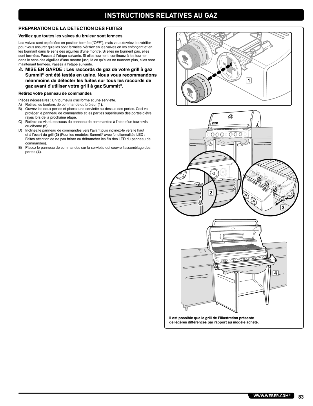 Weber 56568 manual Preparation DE LA Detection DES Fuites, Verifiez que toutes les valves du bruleur sont fermees 