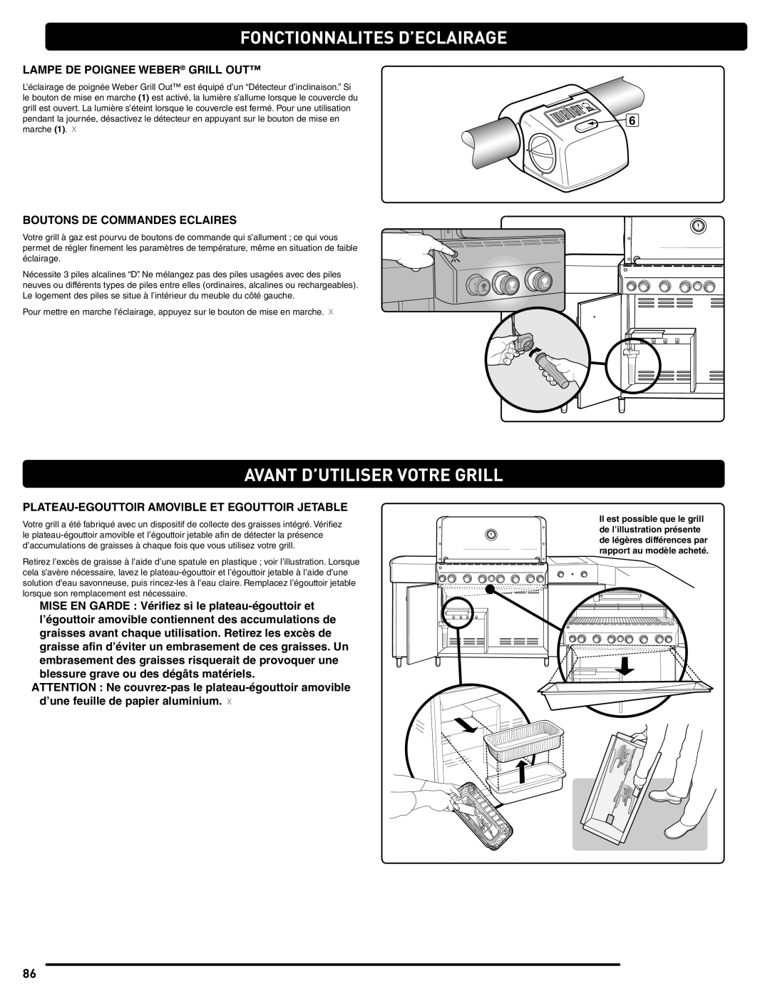 Weber 56568 manual Fonctionnalites D’ECLAIRAGE, Avant D’UTILISER Votre Grill, Lampe DE Poignee Weber Grill OUT 