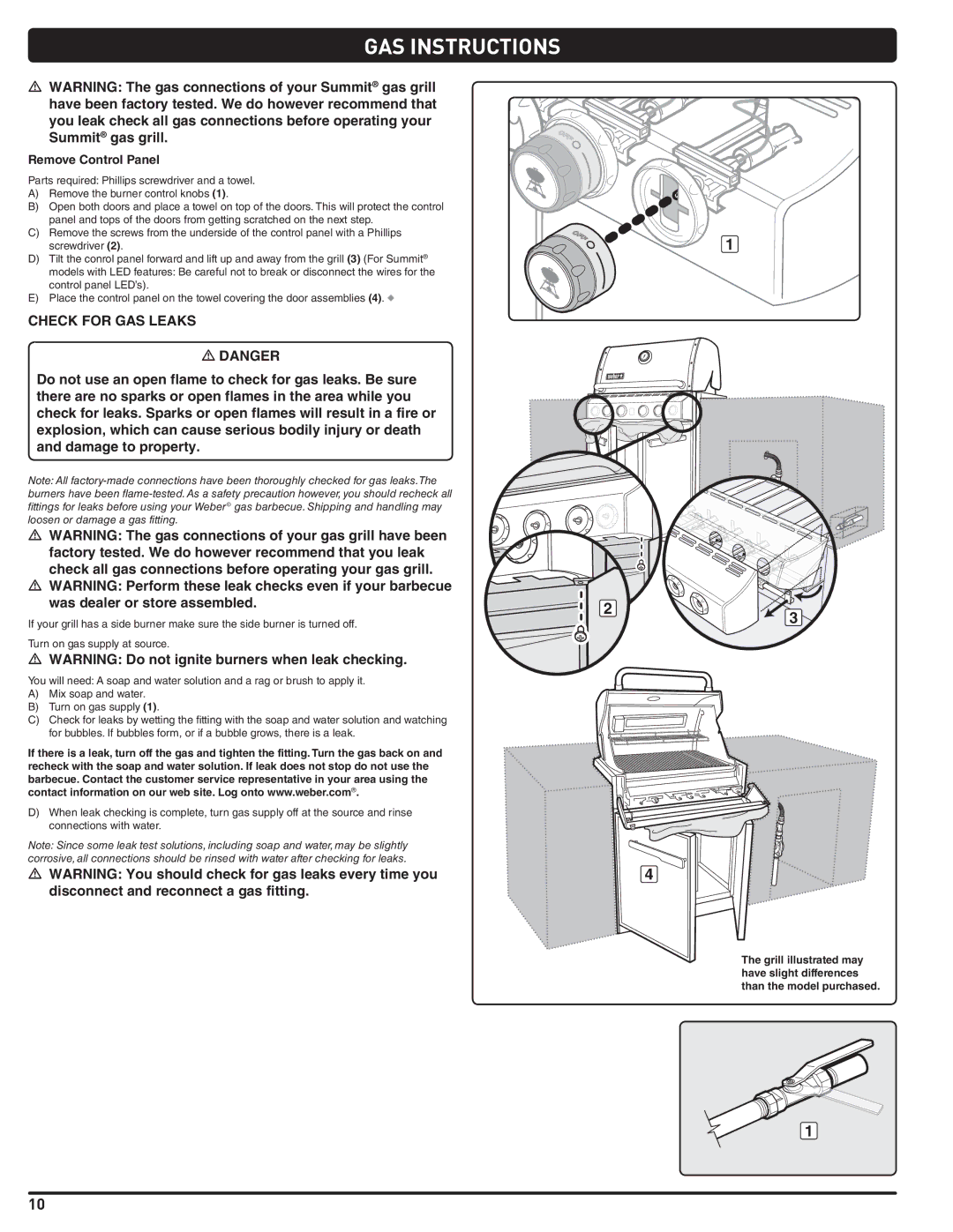 Weber 56576 manual Check for GAS Leaks, Remove Control Panel 