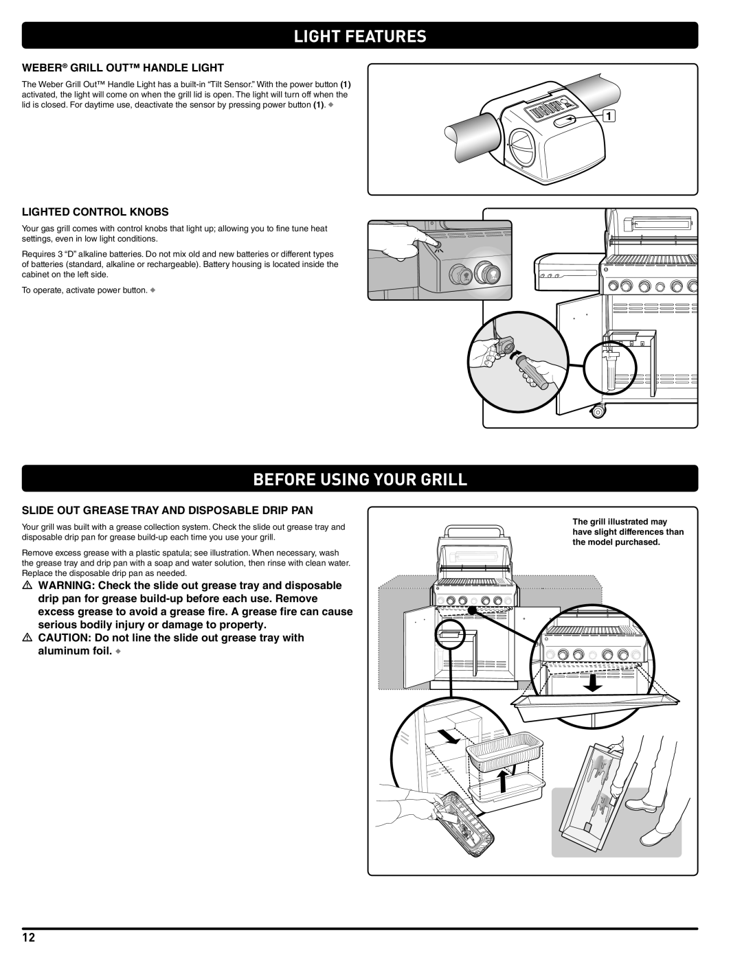 Weber 56576 manual Light Features, Before Using Your Grill, Weber Grill OUT Handle Light, Lighted Control Knobs 