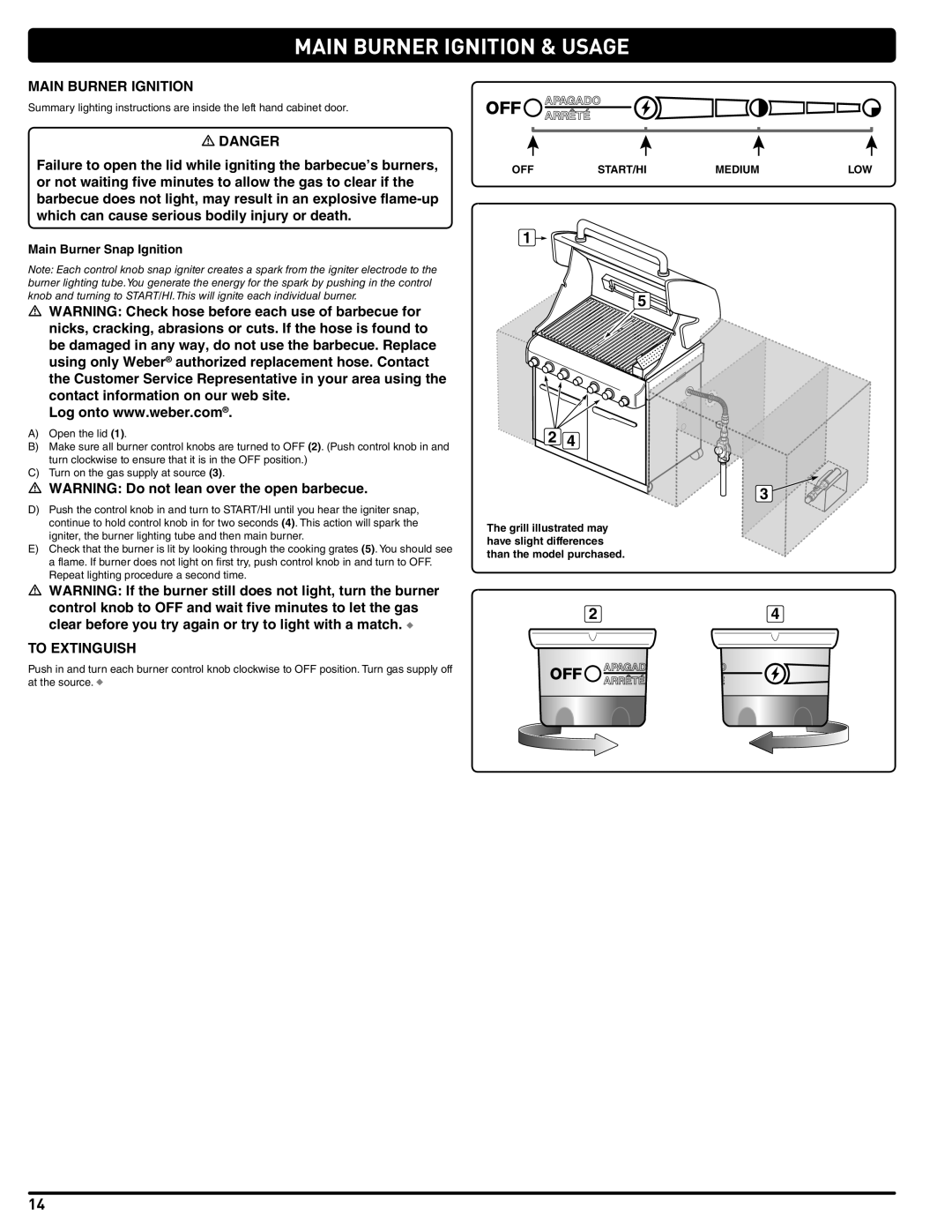 Weber 56576 manual Main Burner Ignition & Usage, To Extinguish, Main Burner Snap Ignition 