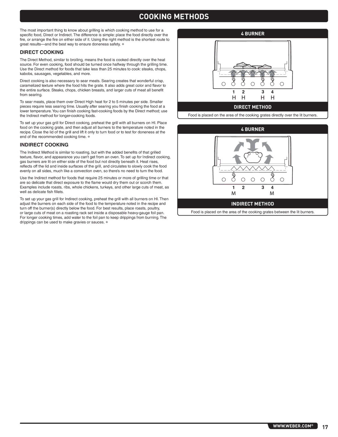 Weber 56576 manual Cooking Methods, Direct Cooking, Indirect Cooking 