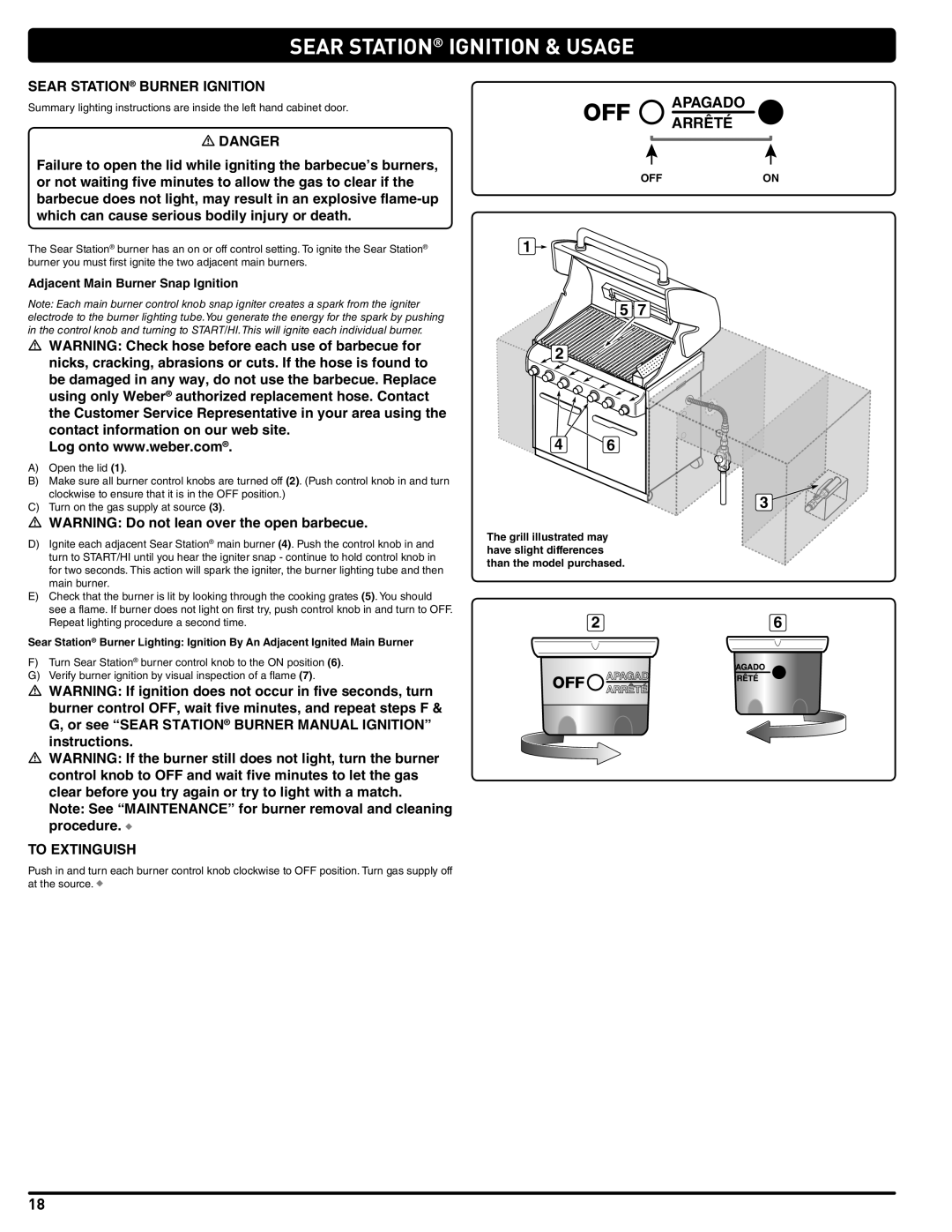 Weber 56576 manual Sear Station Ignition & Usage, Sear Station Burner Ignition, Adjacent Main Burner Snap Ignition 