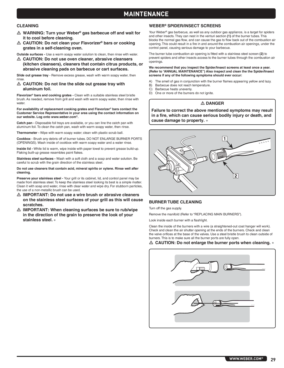 Weber 56576 manual Maintenance, Weber SPIDER/INSECT Screens, Burner Tube Cleaning 