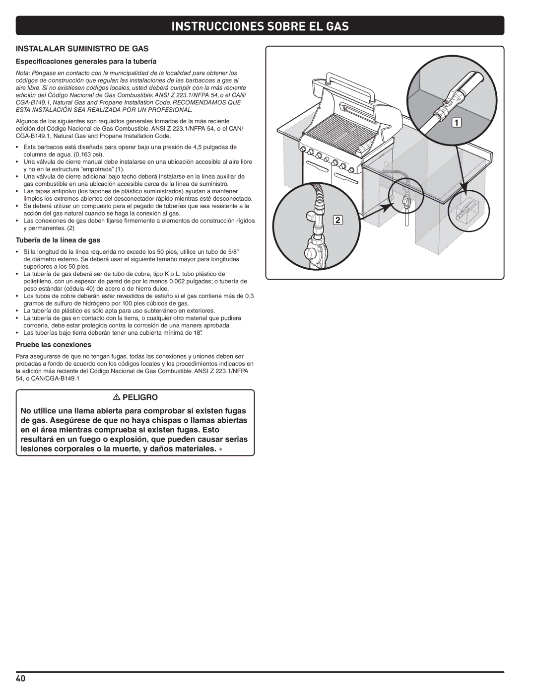 Weber 56576 manual Instrucciones Sobre EL GAS, Instalalar Suministro DE GAS, Especificaciones generales para la tubería 