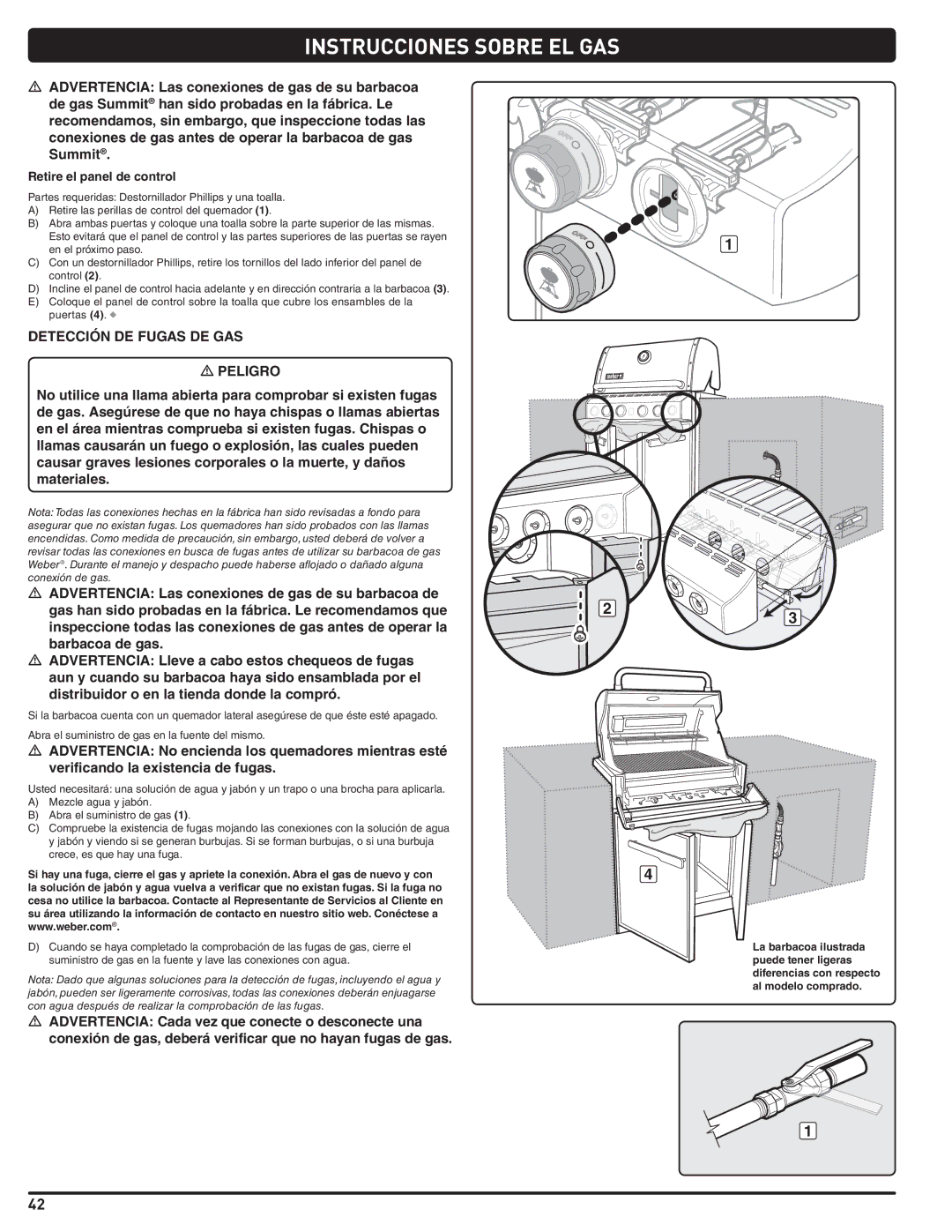 Weber 56576 manual Detección DE Fugas DE GAS, Retire el panel de control 