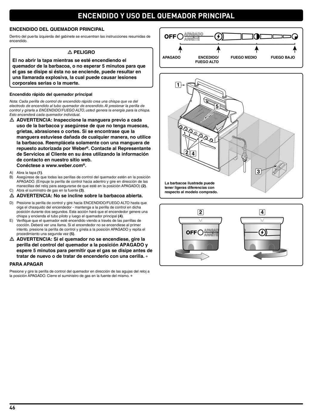 Weber 56576 manual Encendido Y USO DEL Quemador Principal, Encendido DEL Quemador Principal, Para Apagar 