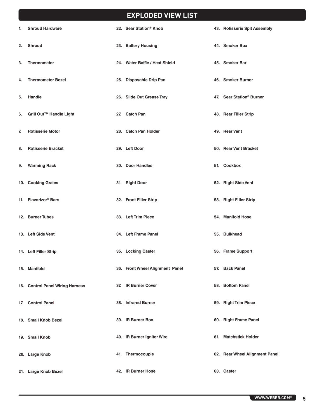 Weber 56576 manual Exploded View List, Large Knob Bezel IR Burner Hose Caster 
