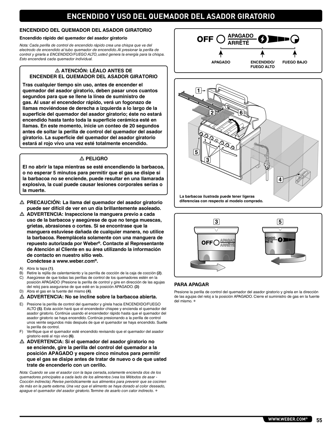 Weber 56576 manual Encendido Y USO DEL Quemador DEL Asador Giratorio, Encendido DEL Quemador DEL Asador Giratorio 