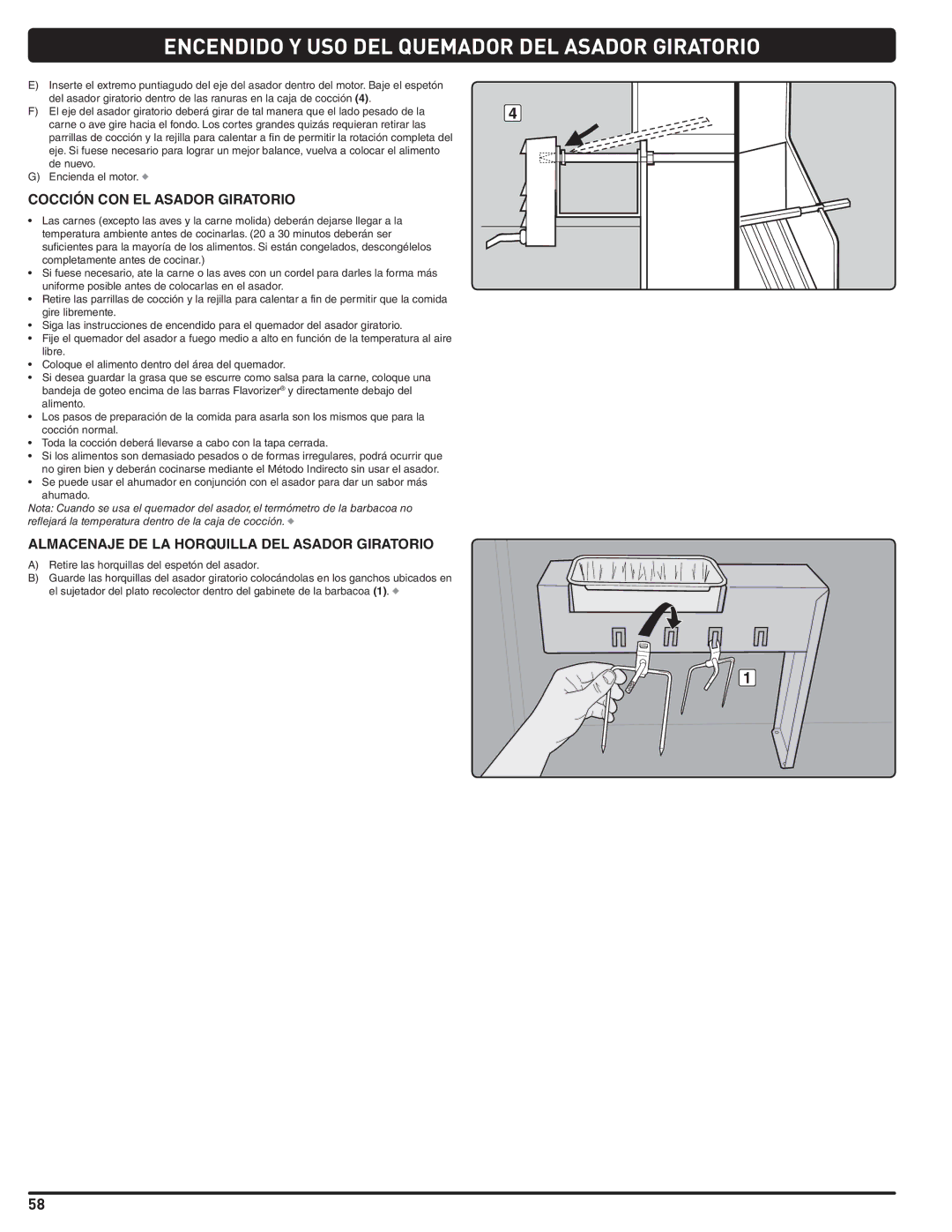 Weber 56576 manual Cocción CON EL Asador Giratorio, Almacenaje DE LA Horquilla DEL Asador Giratorio 