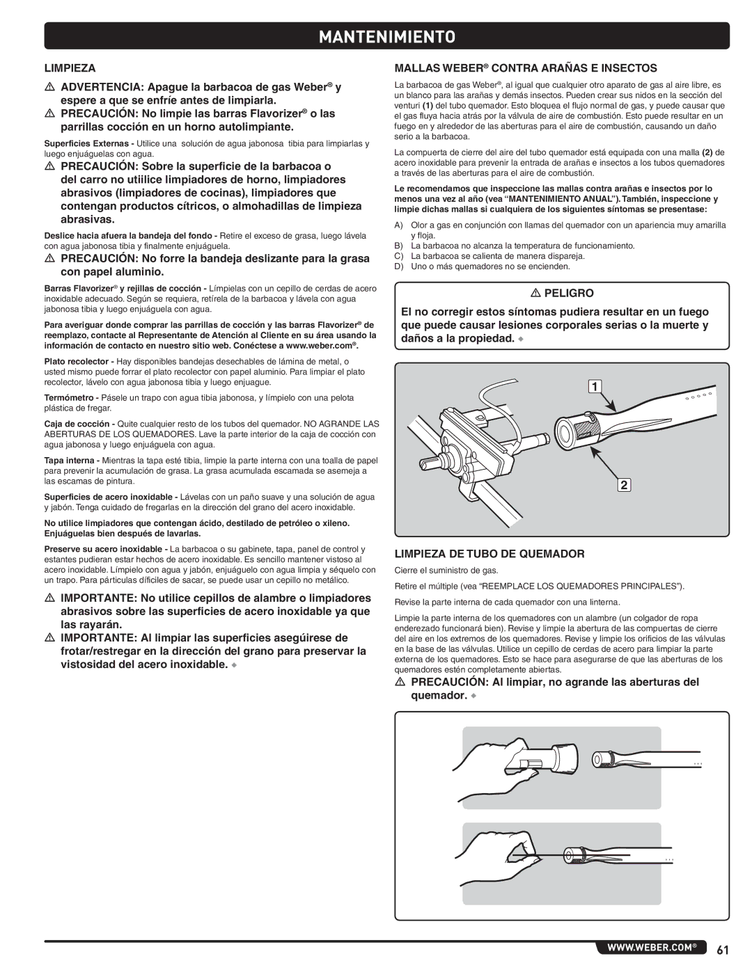 Weber 56576 manual Mantenimiento, Mallas Weber Contra Arañas E Insectos, Limpieza DE Tubo DE Quemador 