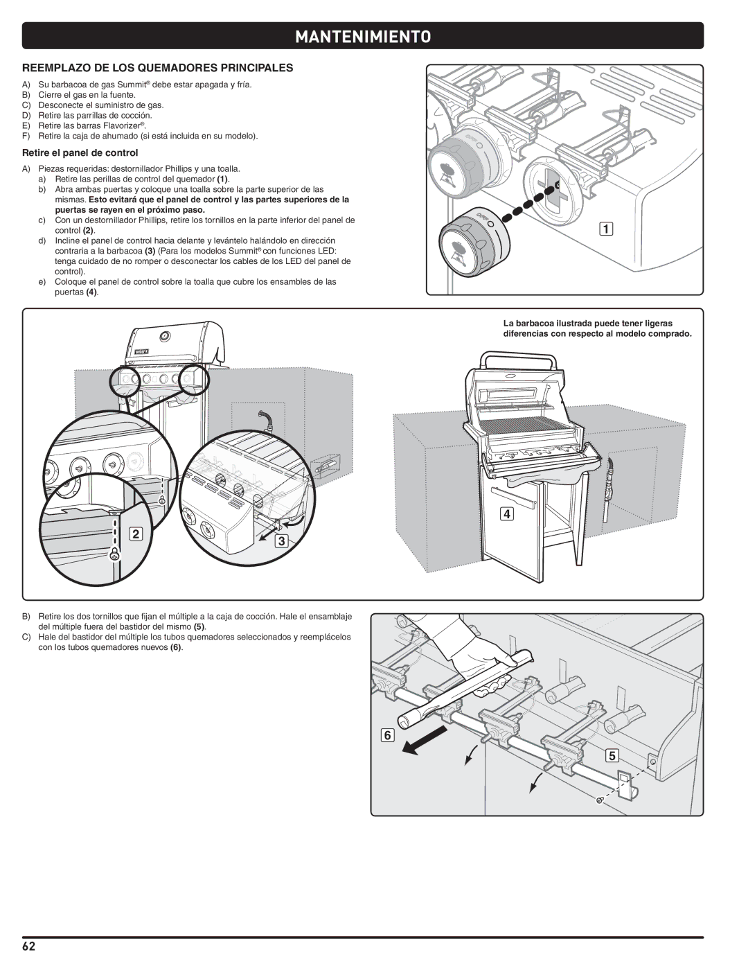 Weber 56576 manual Reemplazo DE LOS Quemadores Principales, Retire el panel de control 