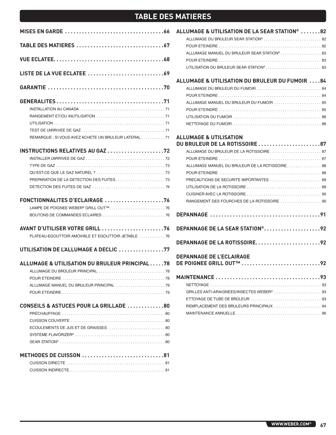 Weber 56576 manual Table DES Matieres, Generalites 