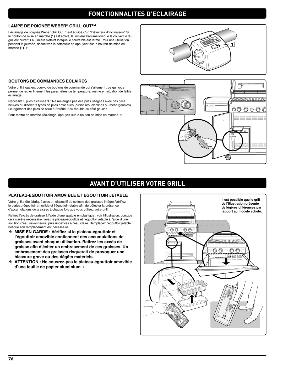 Weber 56576 manual Fonctionnalites D’ECLAIRAGE, Avant D’UTILISER Votre Grill, Lampe DE Poignee Weber Grill OUT 