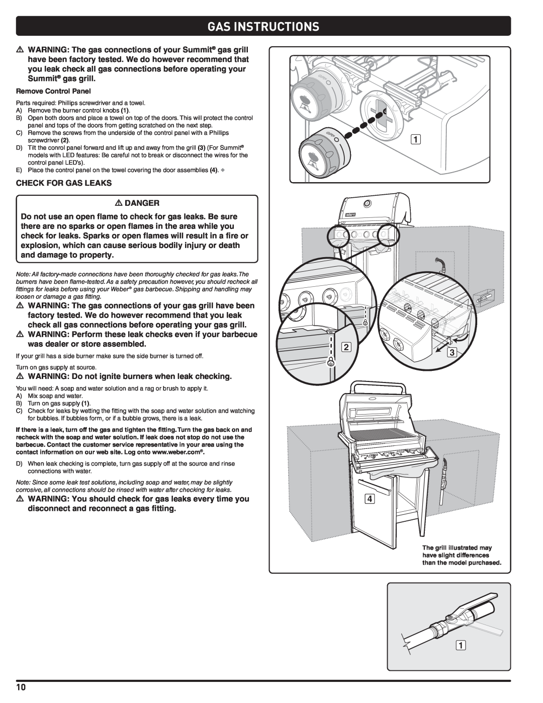 Weber 56576 manual Gas Instructions, CHECK FOR GAS LEAKS m DANGER 