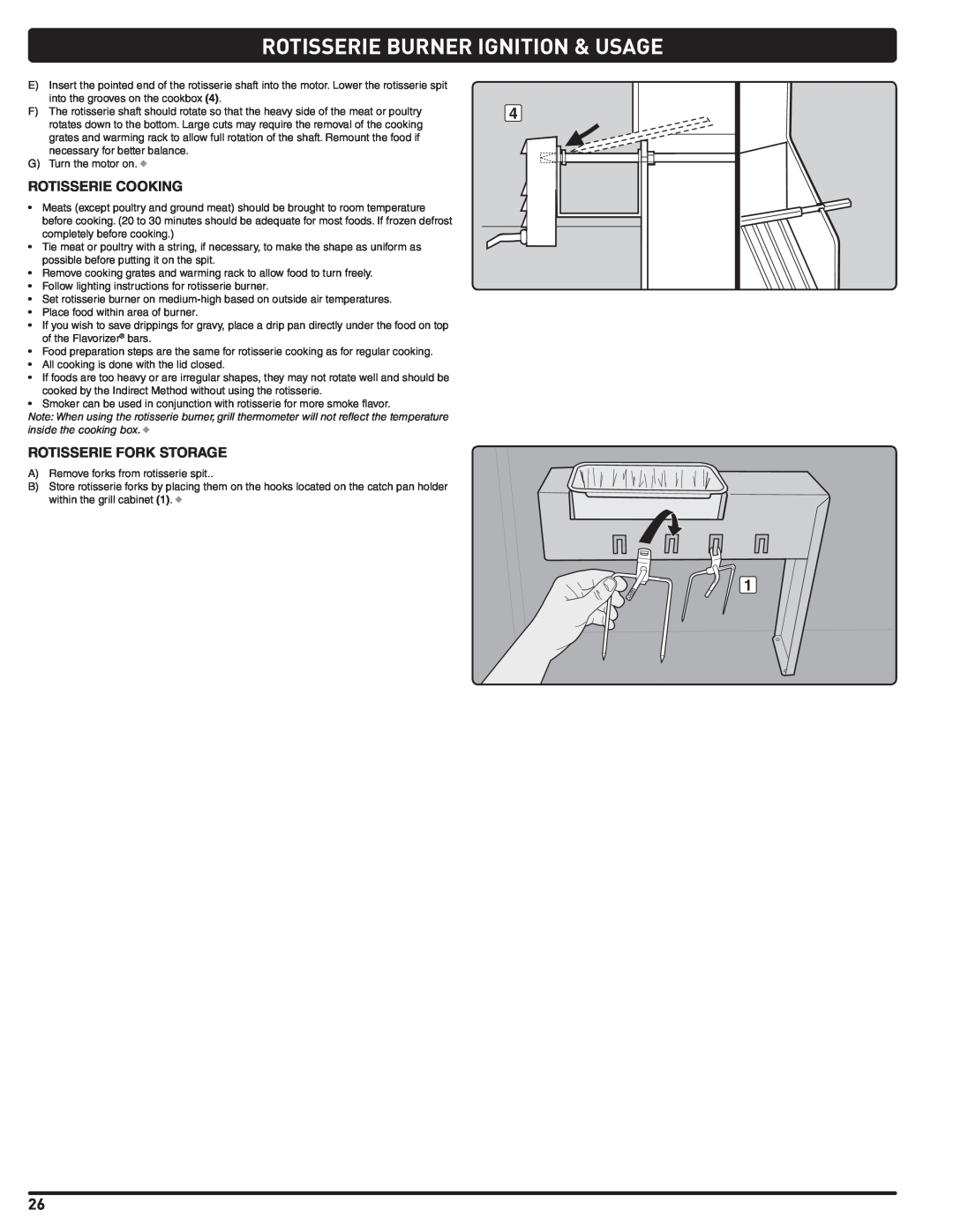 Weber 56576 manual Rotisserie Burner Ignition & Usage, Rotisserie Cooking, Rotisserie Fork Storage 