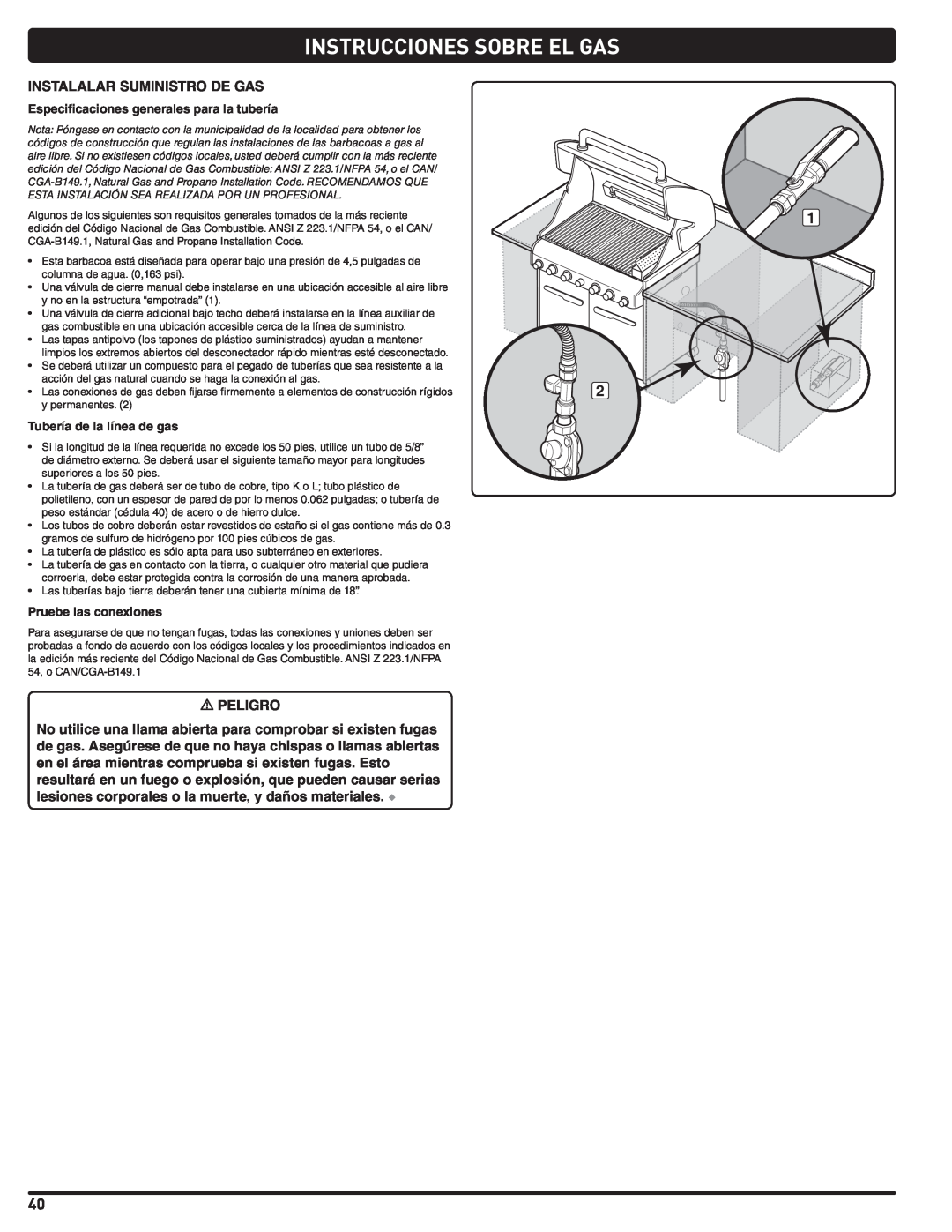 Weber 56576 manual Instrucciones Sobre El Gas, Especificaciones generales para la tubería, Tubería de la línea de gas 