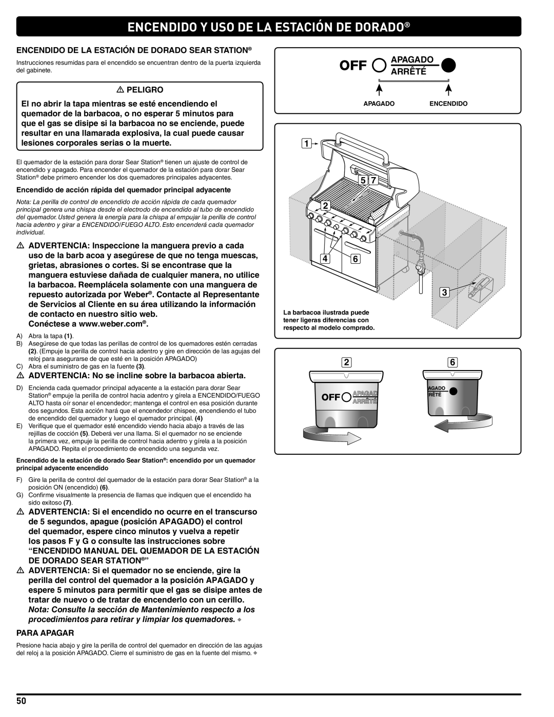 Weber 56576 manual Encendido Y Uso De La Estación De Dorado, Apagado Arrêté 