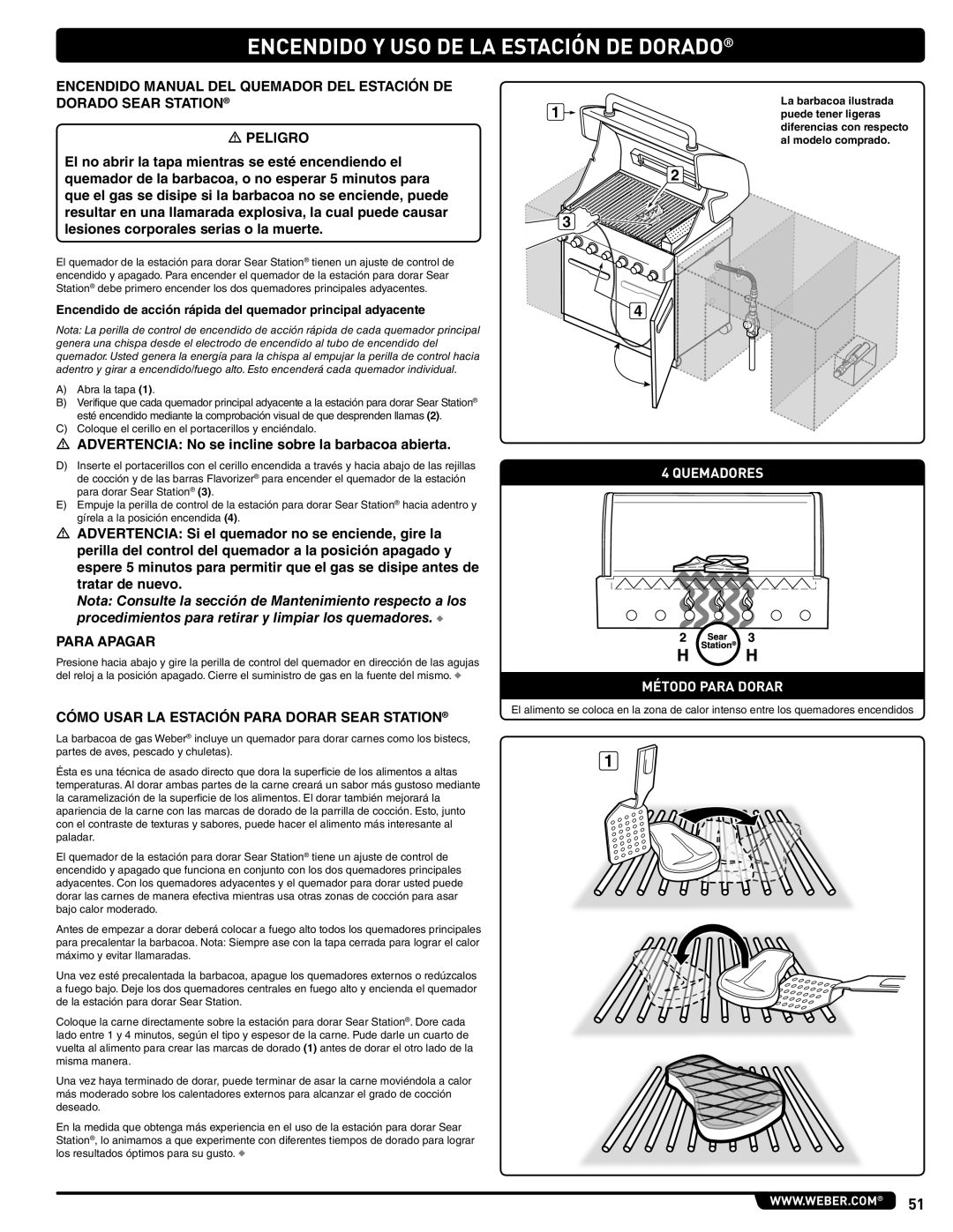 Weber 56576 manual Encendido Y Uso De La Estación De Dorado, Quemadores Método Para Dorar 