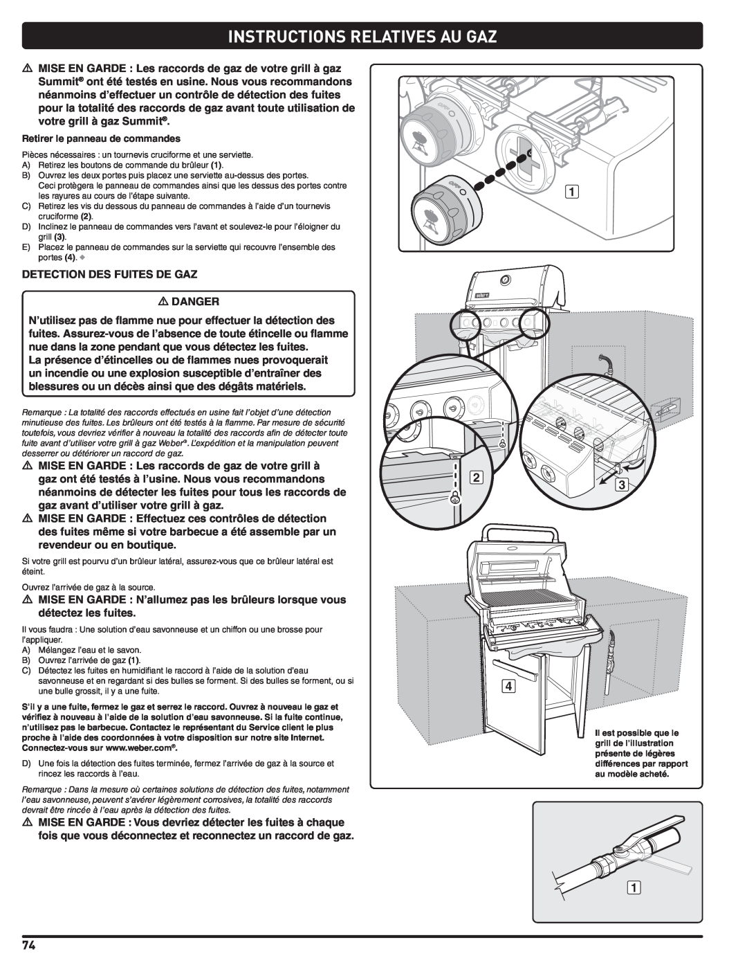 Weber 56576 manual Instructions Relatives Au Gaz, DETECTION DES FUITES DE GAZ m DANGER 