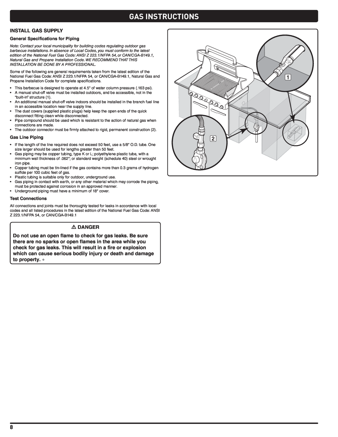 Weber 56576 manual Gas Instructions, General Specifications for Piping, Gas Line Piping, Test Connections 