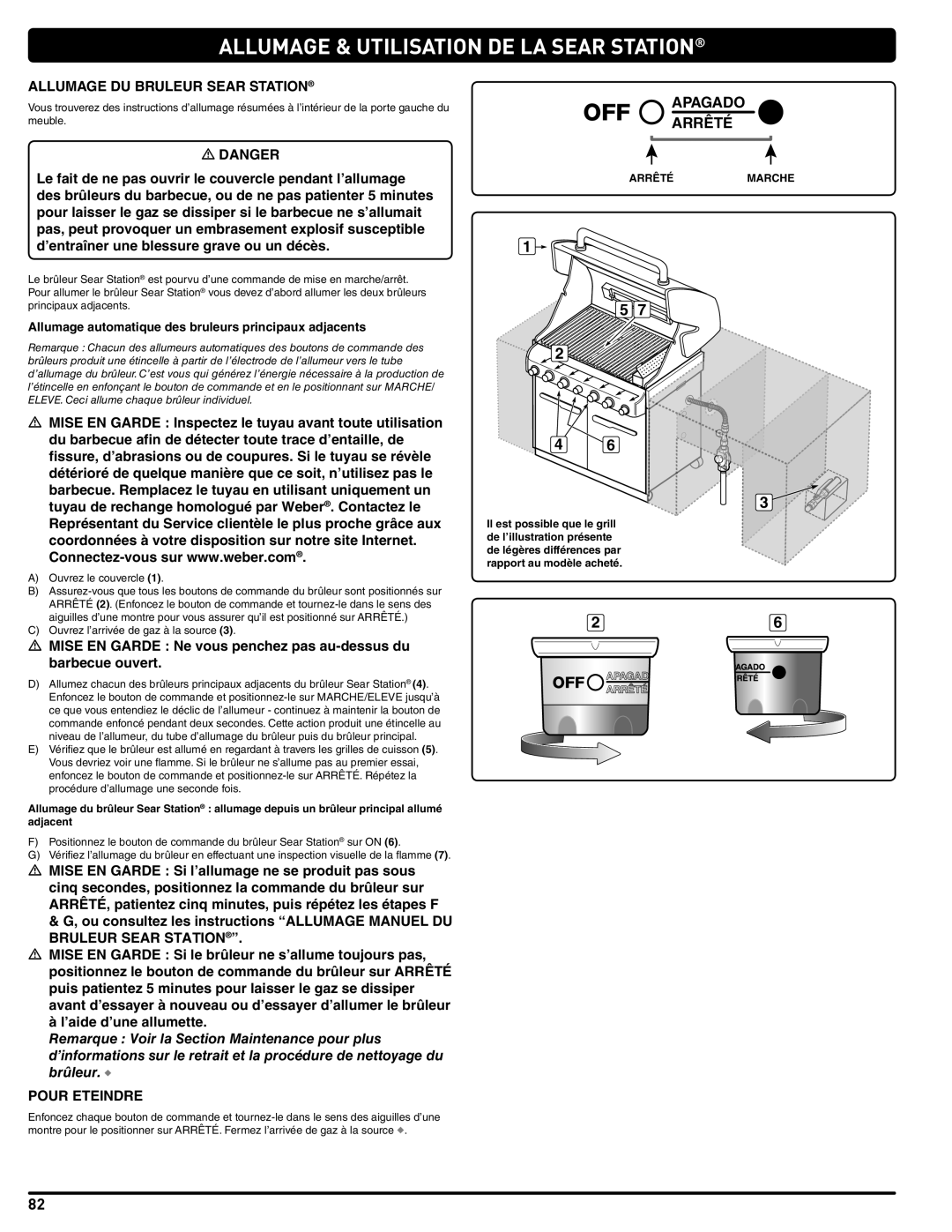 Weber 56576 manual Allumage & Utilisation De La Sear Station, Apagado Arrêté, Arrêtémarche 
