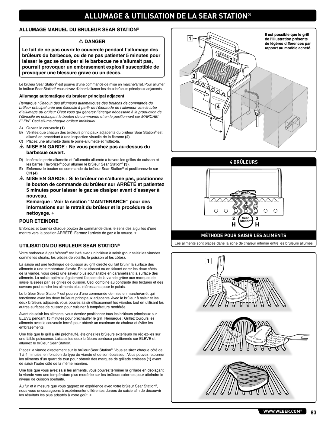 Weber 56576 manual Allumage & Utilisation De La Sear Station, 4 BRÛLEURS MÉTHODE POUR SAISIR LES ALIMENTS 
