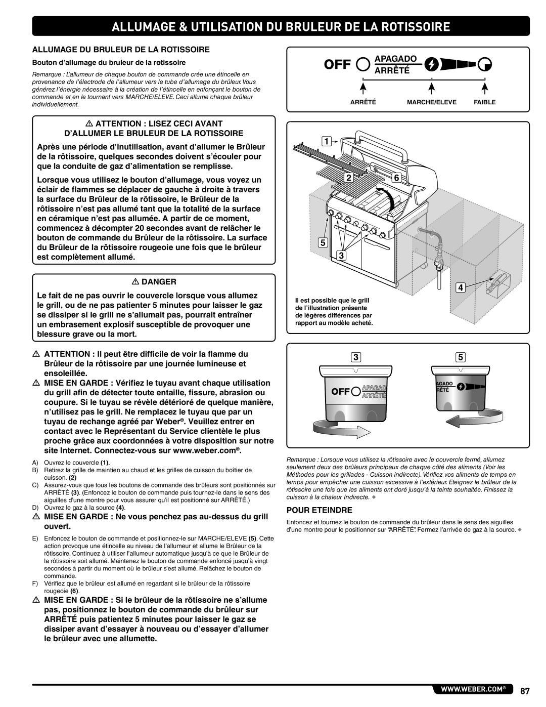 Weber 56576 manual Allumage & Utilisation Du Bruleur De La Rotissoire, Apagado Arrêté 