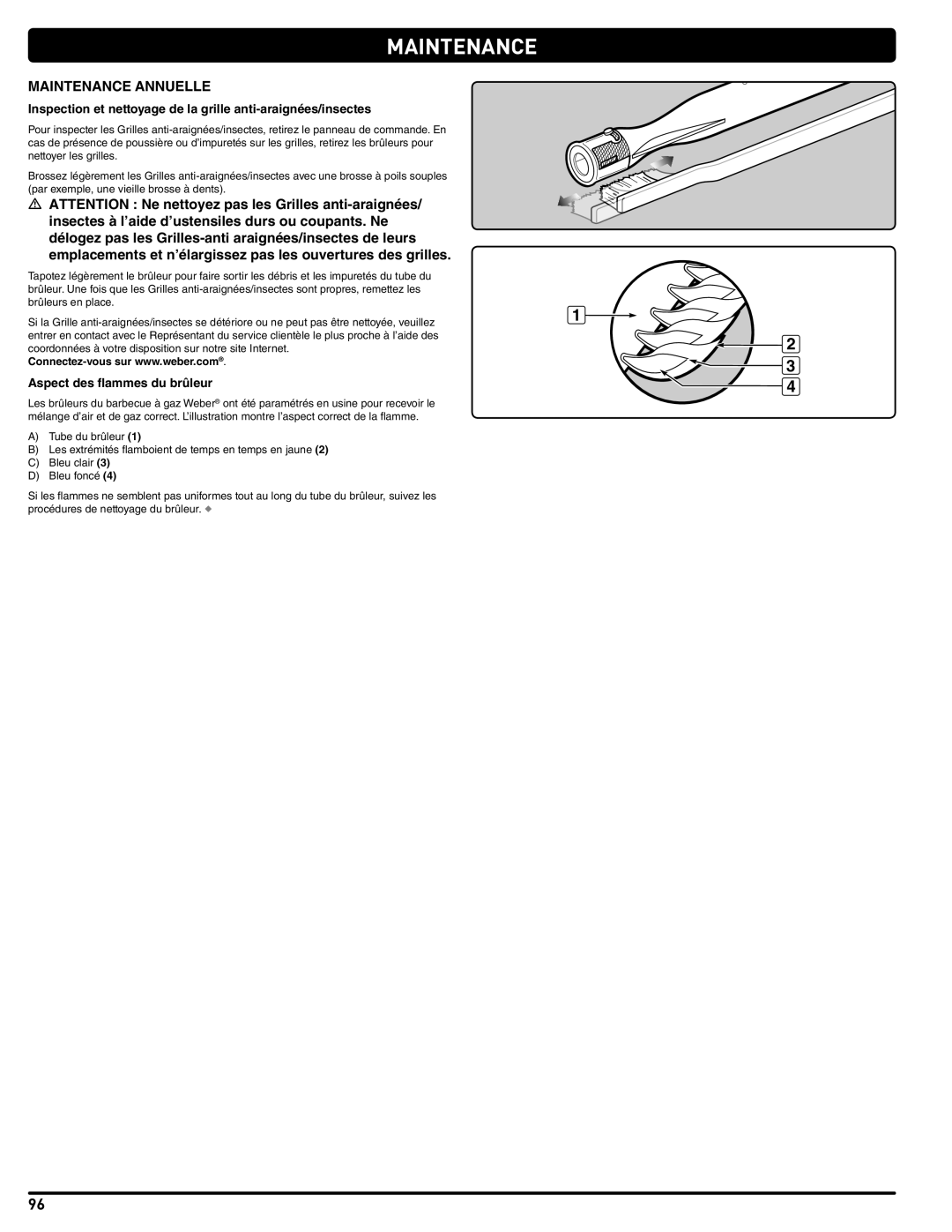 Weber 56576 manual Maintenance Annuelle, Inspection et nettoyage de la grille anti-araignées/insectes 