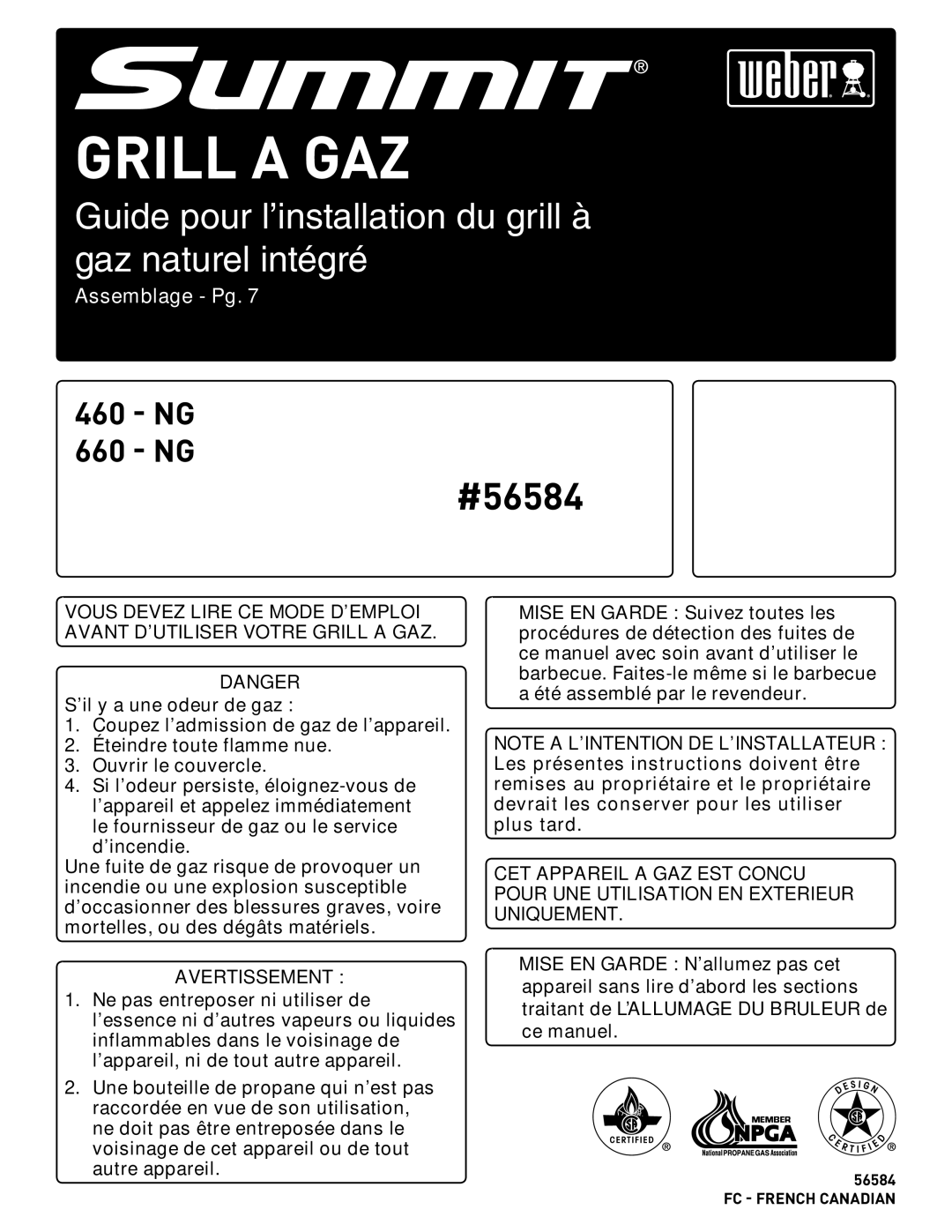 Weber #56580 manual Guide pour l’installation du grill à gaz naturel intégré 