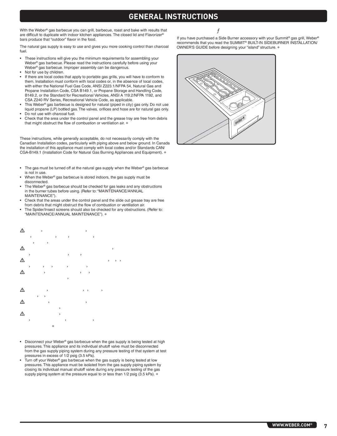 Weber #56580 manual General Instructions, Canadian Installation, Storage AND/OR Nonuse, Operating GAS Supply Testing 