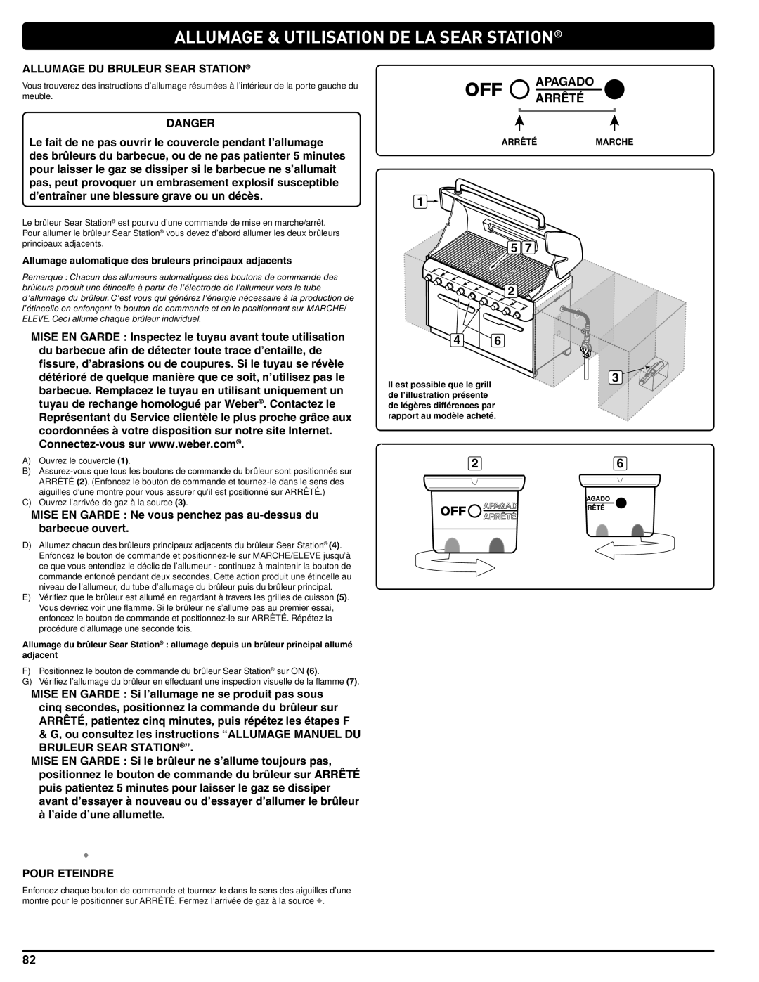 Weber #56580 manual Allumage & Utilisation DE LA Sear Station, Allumage DU Bruleur Sear Station 