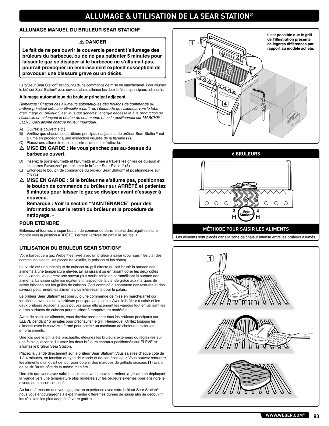 Weber #56580 manual Allumage Manuel DU Bruleur Sear Station, Brûleurs Méthode Pour Saisir LES Aliments 