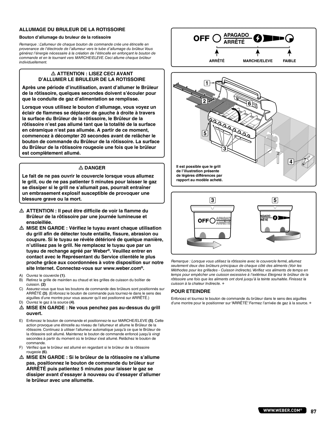 Weber #56580 manual Allumage & Utilisation DU Bruleur DE LA Rotissoire, Allumage DU Bruleur DE LA Rotissoire 