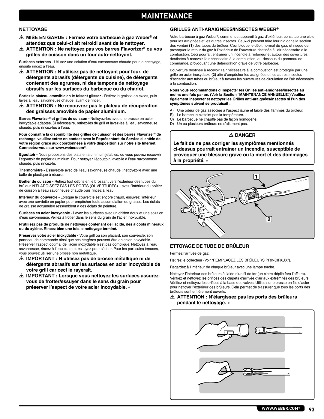 Weber #56580 manual Nettoyage, Grilles ANTI-ARAIGNEES/INSECTES Weber, Ettoyage DE Tube DE Brûleur 
