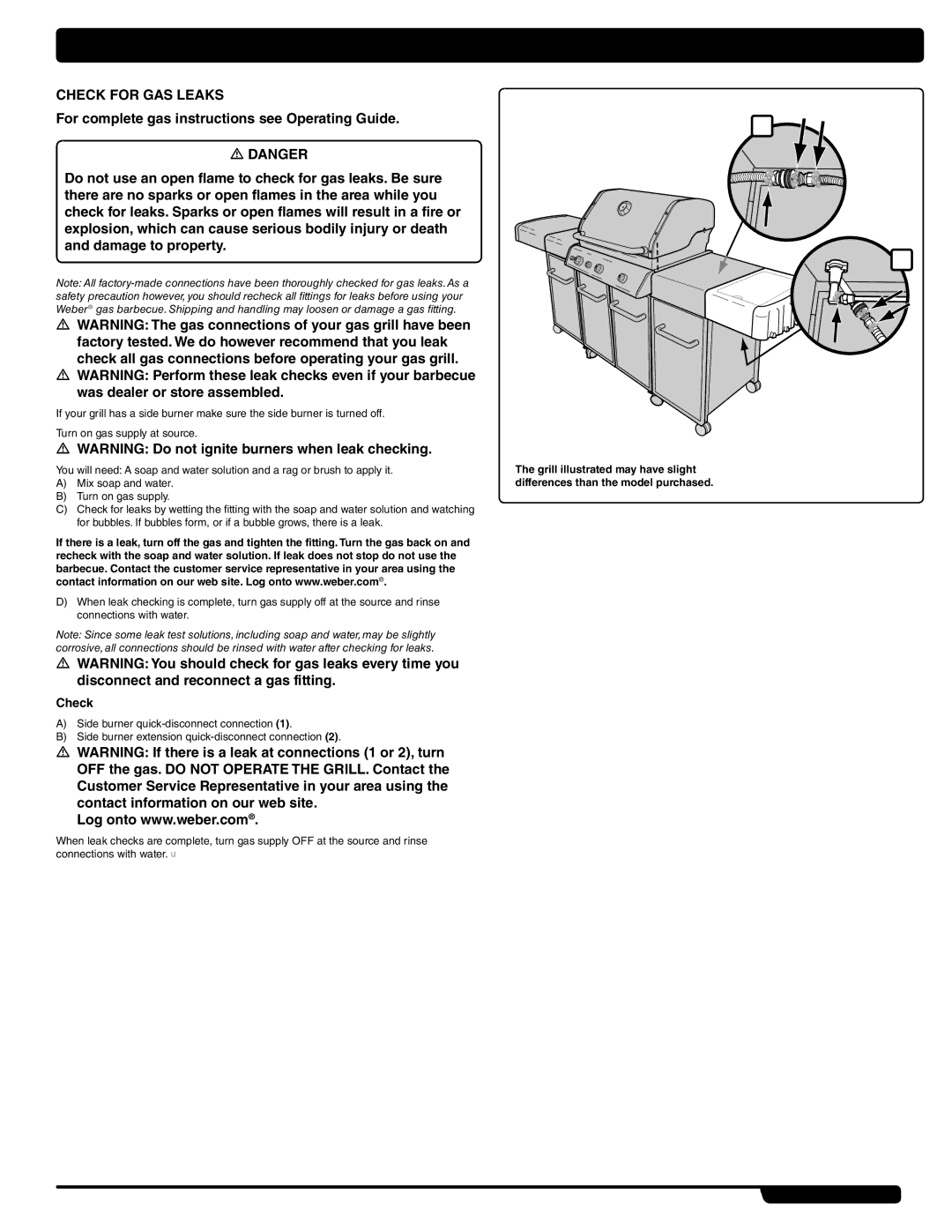 Weber 56733 manual Leak Check, Check for GAS Leaks 